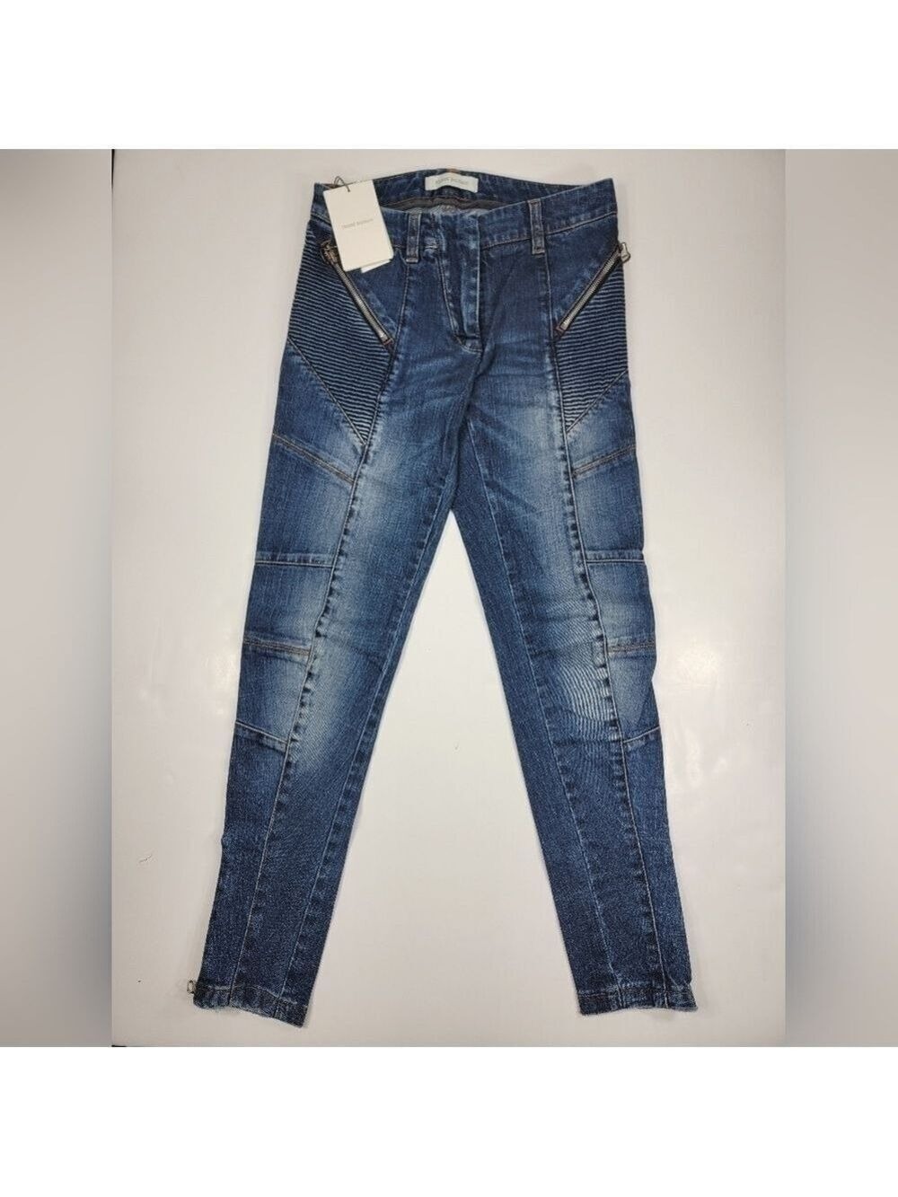 Pierre Balmain Women Zipper Ribbed Trim Skinny Ankle Moto Jeans Blue Size 24 NWT